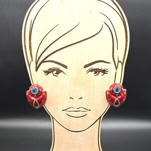Vintage Shiny Red and Colorful Rhinestone Door Knocker Clip-On Earrings